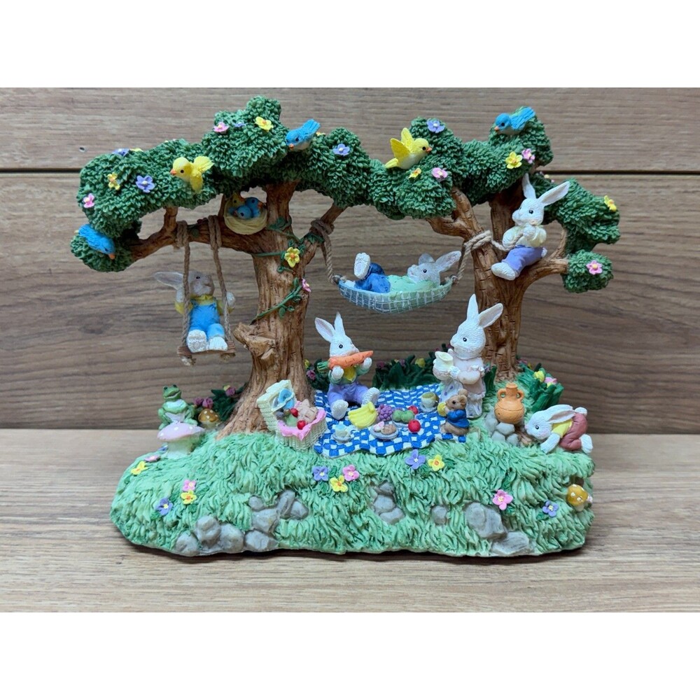 Vintage Jaimy Easter Jubilee Bunny Rabbit Family Picnic Music Box Swinging